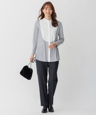 自由区 【洗える】ストレッチシャーティング ブザムシャツ ブルー系1