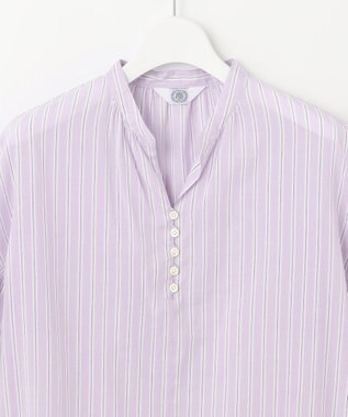 J.PRESS LADIES 【洗える】綿キュプラコードストライプ キーネック ブラウス ふじ色系1