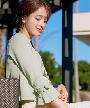 Tiaclasse L 【洗える】袖口フレアリボンニットカーディガン ミント