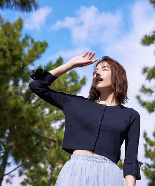 Tiaclasse L 【洗える】袖口フレアリボンニットカーディガン ネイビー