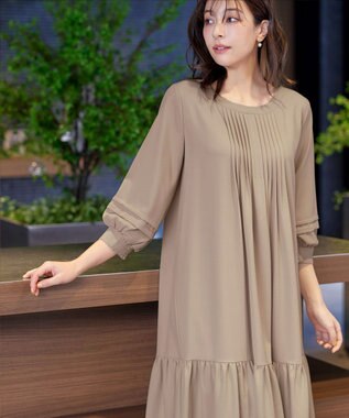 Tiaclasse L 【洗える】パフ袖ピンタックロングワンピース ライトベージュ