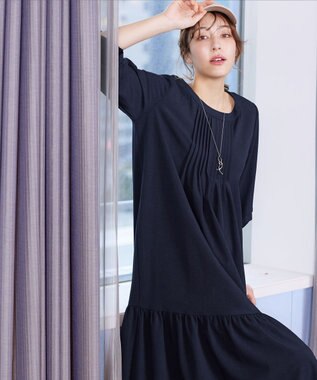 Tiaclasse L 【洗える】パフ袖ピンタックロングワンピース ネイビー