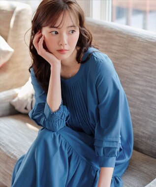 Tiaclasse L 【洗える】パフ袖ピンタックロングワンピース ブルー