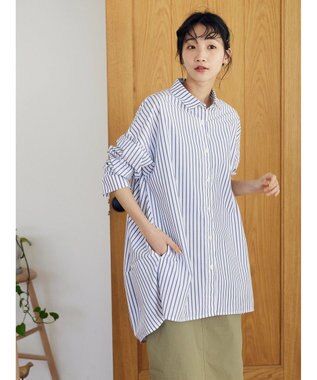 CRAFT STANDARD BOUTIQUE イージーケアコクーンポケ付きチュニック Stripe White