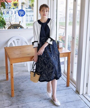 Tiaclasse L 【洗える】袖口フレアリボンニットカーディガン オフホワイト×ブラック