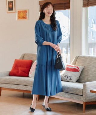 Tiaclasse L 【洗える】パフ袖ピンタックロングワンピース ブルー