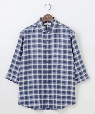 JOSEPH ABBOUD 【キングサイズ・麻100％】リネンチェック シャツ ネイビー系3