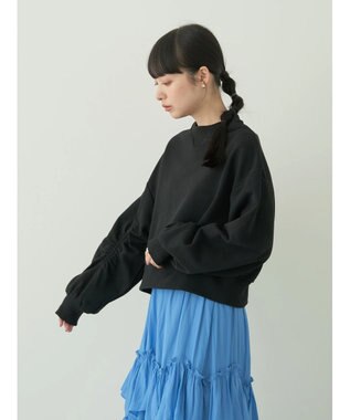 earth music&ecology クルーネック袖シャーリングスウェット Black