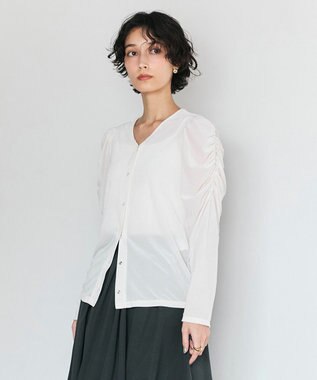 【洗濯機可／ 前後着用可】 ギャザースリーブシアーベロアカーディガン