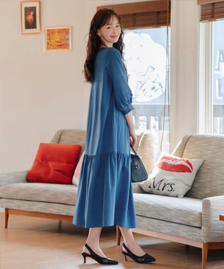 Tiaclasse L 【洗える】パフ袖ピンタックロングワンピース ブルー