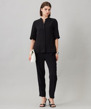 ICB 【UVカット・防シワ・洗える】ライトダブルクロス バンドカラーブラウス ブラック系