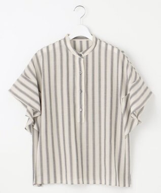 自由区 L 【洗える】テンセルリネンデザイン ブラウス フラックス×スレートストライプ