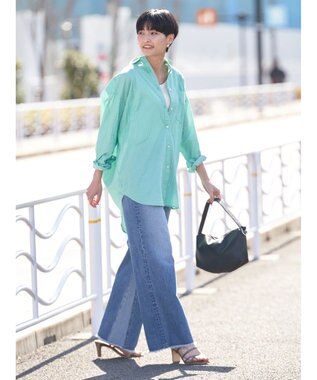 AMERICAN HOLIC ＵＶカット加工バックタックシャツチュニック Stripe Green