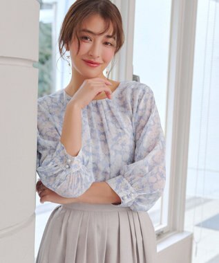 Tiaclasse L 水彩花柄シフォンブラウス ブルー