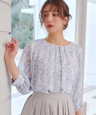 Tiaclasse L 水彩花柄シフォンブラウス ブルー