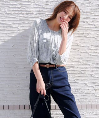 Tiaclasse L 水彩花柄シフォンブラウス グレー