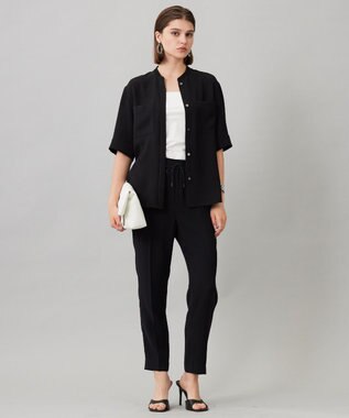 ICB 【UVカット・防シワ・洗える】ライトダブルクロス バンドカラーブラウス ブラック系