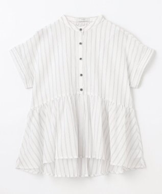 ANY L 半袖ティアードブラウス オフ×ストライプ