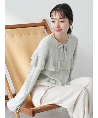 earth music&ecology フリル切替えショートブラウス Light Khaki