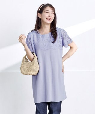 Tiaclasse L 【洗える】レースコンビフレンチスリーブニットチュニック ラベンダー