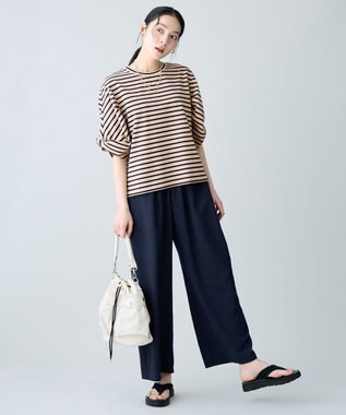 ANY L ツイストスリーブボーダートップス ベージュ×ネイビー