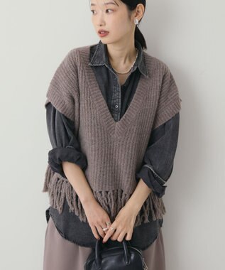 AMERICAN HOLIC 裾フリンジニットショートベスト Gray Beige