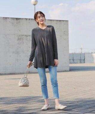 Tiaclasse 【洗える】ストライプ編みフレアニットチュニック チャコールグレー