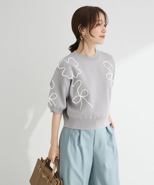 Green Parks ・ＥＬＥＮＣＡＲＥ　ＤＵＥ　ライン刺繍５分袖ニット Gray