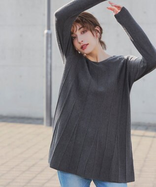 Tiaclasse 【洗える】ストライプ編みフレアニットチュニック チャコールグレー