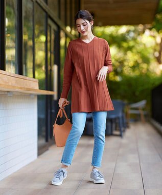 Tiaclasse 【洗える】ストライプ編みフレアニットチュニック オレンジ