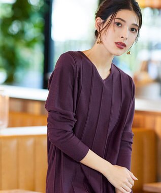 Tiaclasse 【洗える】ストライプ編みフレアニットチュニック パープル