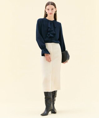 BEIGE， 【WEB限定・洗える】CLARION / バンドカラーフリルブラウス Navy