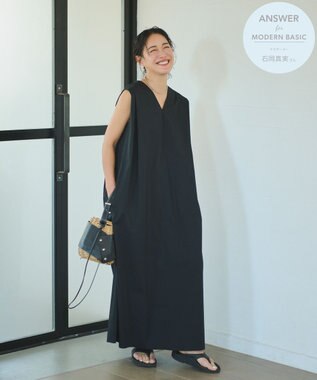#Newans 【ANSWER for モダンベーシック】ダブルVネックロングワンピース ブラック系