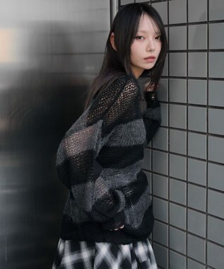 WEGO モヘアタッチボーダーBIGニット グレーボーダー