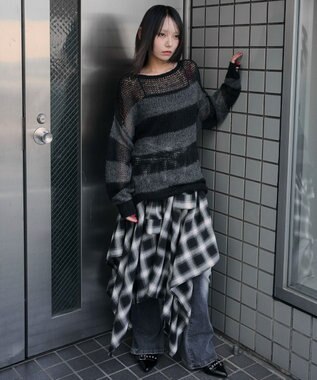 WEGO モヘアタッチボーダーBIGニット グレーボーダー