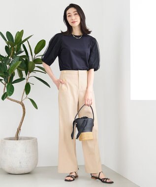 自由区 【洗える・XSサイズあり】シアーコンビパフスリーブ カットソー ネイビー系