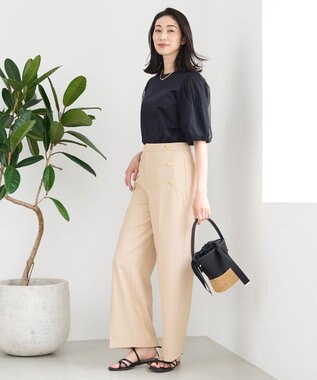 自由区 【洗える・XSサイズあり】シアーコンビパフスリーブ カットソー ネイビー系