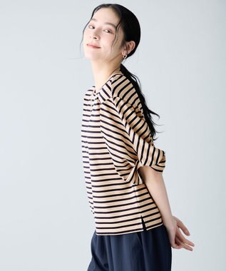 ANY L ツイストスリーブボーダートップス ベージュ×ネイビー