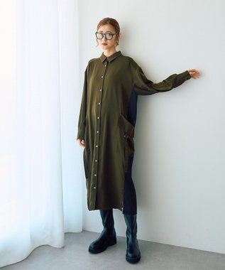 YECCA VECCA カーゴデザイン配色シャツワンピース Khaki