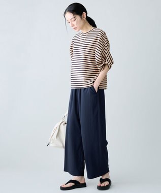 ANY L ツイストスリーブボーダートップス ベージュ×ネイビー