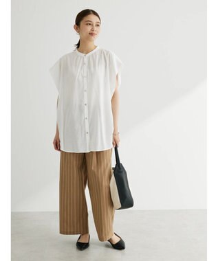 Green Parks 綿麻混タックストレートワイドパンツ Stripe