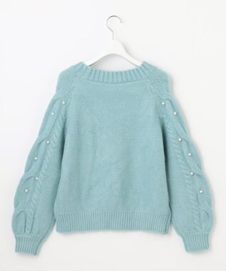 Feroux 【洗える】パールスリーブ ケーブルニット グリーン系