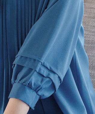 Tiaclasse L 【洗える】パフ袖ピンタックロングワンピース ブルー