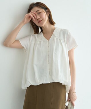 YECCA VECCA 刺繍カラーバルーンヘムブラウス