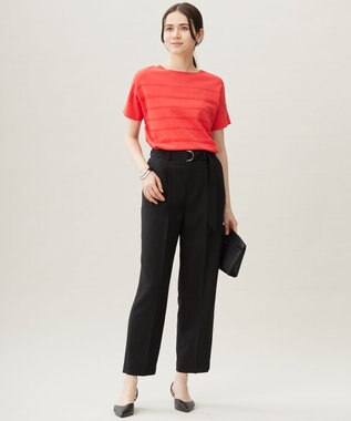 自由区 S 【接触冷感・UVカット・洗える】クレープストレッチボーダー ニット マンダリン