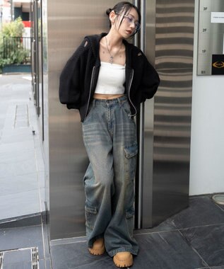 WEGO ダメージニットジップパーカー ブラック