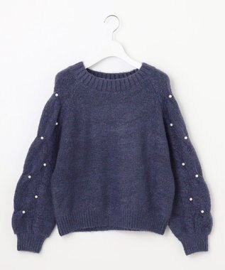 Feroux 【洗える】パールスリーブ ケーブルニット ネイビー系