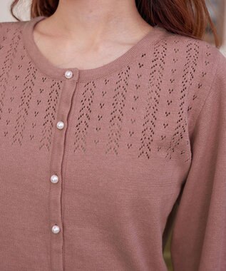 Tiaclasse 【洗える】透かし柄ニットコンビカーディガン ピンク