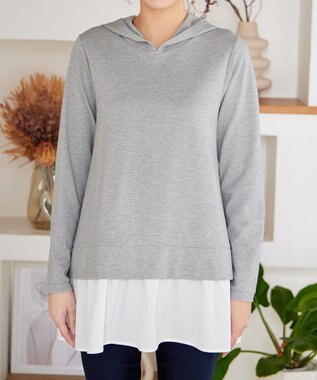 Tiaclasse L 【洗える】ポンチドッキングギャザーパーカー　 グレー×オフホワイト