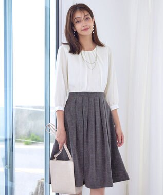 Tiaclasse 【洗える】ブラウスドッキングツイードワンピース オフホワイト×グレー